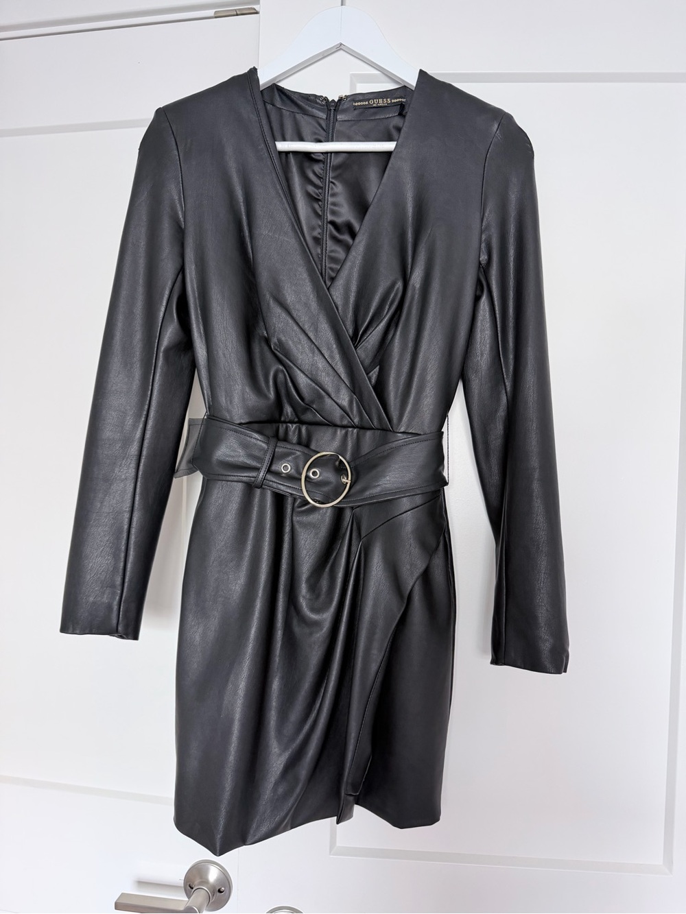 GUESS Black Faux Leather Belted Wrap Mini Dress